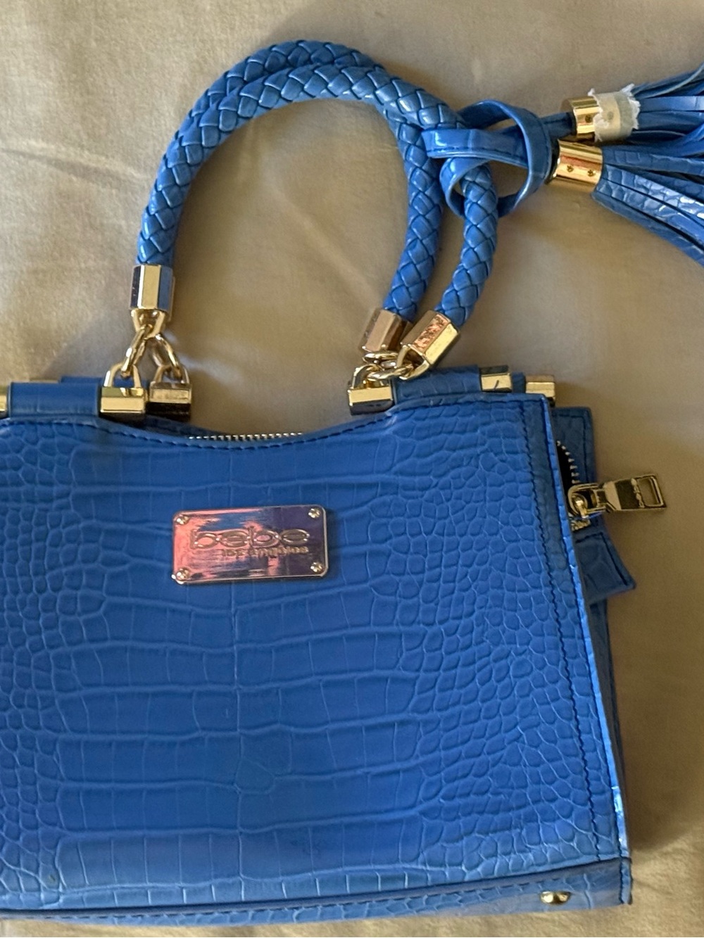 bebe Croc-Embossed Braided-Handle Satchel in Bright Blue with Gold Hardware